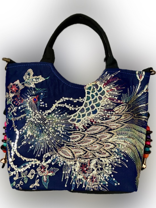 Source Unknown Handbags - Source Unknown Navy Embroidered Peacock Satchel with Black Handles